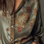 Satin Floral Button-Down Shirt With Leopard Trim