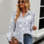 Zeagoo Zeagoo Casual V Neck Roll Up Sleeve Lapel Print Button Down Shirt