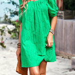 Loose Puff Sleeves Jacquard Solid Color Square-Neck Mini Dresses