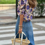 Vintage purple floral print loose-fitting knit top