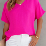 Solid Color V Neck Short Sleeve Blouse