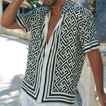 Men's Summer Casual Tencel Cotton Printed Lapel Short Sleeve Shirt