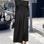 High Waisted Long Sleeves Pleated Solid Color Split-Front One-Shoulder Maxi Dresses