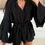 Molly Linen Blend Tiered Bell Sleeve Tie-up Cover-up Mini Dress