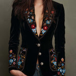 Velvet Blazer With Colorful Floral Embroidery