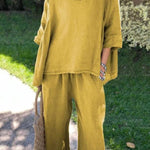Casual Solid Color Loose Top & Pants Cotton Linen Two-piece Set