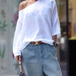 Long Sleeves Loose Solid Color One-Shoulder T-Shirts Tops