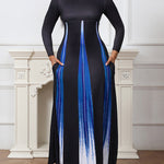 A-Line High Waisted Gradient Pockets Printed Split-Joint Round-Neck Maxi Dresses