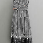 Vintage Loose Striped Buttoned Stand Collar Long Sleeves Midi Dress