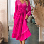 Shirred V Neck Long Sleeve Velvet Dress