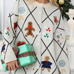 Argyle Candy Gingerbread Man Embroidered Button-knit Cardigan