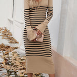 Long Sleeves Loose Contrast Color Striped V-Neck Midi Dresses Sweater Dresses