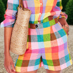 Loose Wide Leg Elasticity Rainbow Plaid Split-Joint Shorts Bottoms