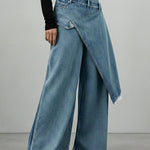 High Waisted Irregularity Asymmetric Buttoned Fringed Interlace Layered Pockets Solid Color Jean Pants Bottoms