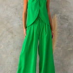 Sleeveless Halter Slit Top Paperbag Waist Wide Leg Pants Set