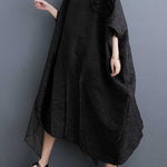 Batwing Sleeves Loose Asymmetric Flower Shape Gauze Jacquard Pleated Solid Color Split-Joint Round-Neck Midi Dresses