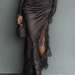 Women's Dark Brown Satin Irregular Hem Lace Slim Maxi Dress