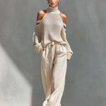Women's Beige Knit Fabric Cold-Shoulder Turtleneck Top & Wide-Leg Pants Set