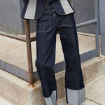 High Waisted Straight Leg Contrast Color Split-Joint Jean Pants Bottoms