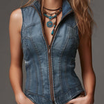 Bohemian Fitted Zip-Front Denim Vest