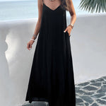 Loose Sleeveless Pleated Solid Color Split-Joint Spaghetti-Neck Maxi Dresses