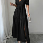 Half Sleeves High Waisted Pleated Solid Color Split-Front V-Neck Maxi Dresses