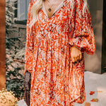 Orange Floral Print Split V Neck Bubble Sleeve Plus Size Midi Dress