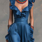 Boho-Vintage Elegant Tencel Faux-Denim Ruffle Wide-Leg Jumpsuit