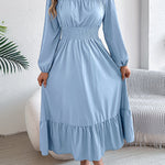 A-Line Elasticated Waist Pleated Solid Color Round-Neck Maxi Dresses
