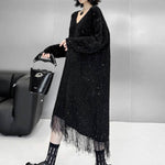 Irregularity Long Sleeves Contrast Color Sequined Shiny Split-Joint Tasseled V-Neck Midi Dresses Sweater Dresses