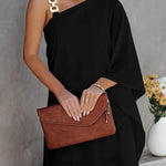 Batwing Sleeves Hollow Printed One-Shoulder Mini Dresses