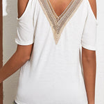 White Contrast Guipure Lace Cold Shoulder Blouse