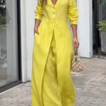 High Waisted Long Sleeves Buttoned Pockets Solid Color V-Neck Jumpsuits