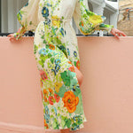 Summer Party Floral Print Balloon Sleeve Pocketed Belt Shirt Midi Dress