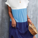 Loose Ruffle Sleeves Contrast Color Falbala Pleated Split-Joint Round-Neck Mini Dresses