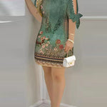 Loose Short Sleeves Hollow Printed Split-Joint Round-Neck Mini Dresses