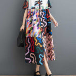 A-line Loose Buttoned Printed Split-Joint Lapel Midi Dresses Shirt Dress