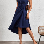 A-Line High Waisted Asymmetric Pleated Solid Color Split-Joint Round-Neck Midi Dresses