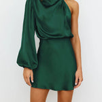 High Waisted Long Sleeves Asymmetric Elasticity Solid Color High Neck Mini Dresses