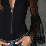 Vintage Sheer Sleeves Zip-up Collar Blouse