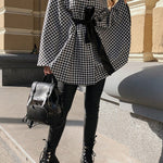 Batwing Sleeves Long Sleeves Houndstooth Tied Waist Stand Collar Cape Outerwear