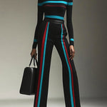 Long Sleeves Contrast Color Striped High Neck Pullovers Sweater Tops