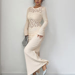 Bodycon Long Sleeves Hollow Lacy Pleated Solid Color Split-Back Split-Joint Zipper Round-Neck Maxi Dresses