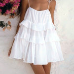 High Waisted Loose Backless Layered Pleated Solid Color Tied Spaghetti-Neck Mini Dresses
