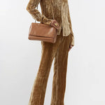 Elegant Textured Turndown Collar Long Sleeve Solid Blouse