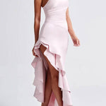 YES I DO Satin One Shoulder Ruched Slit Ruffles Maxi Dress