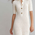 Quiet Luxury Cream Textured Knit Polo Midi Dress