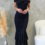 Beauty Untamed Mesh Overlay Off Shoulder Ruched Stretch Maxi Dress