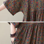 Vacation Loose Half Sleeves Floral Printed Pleated Round-Neck Midi Dresses