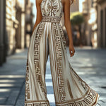 Sleeveless Wide Leg Printed Halter-Neck Jumpsuits